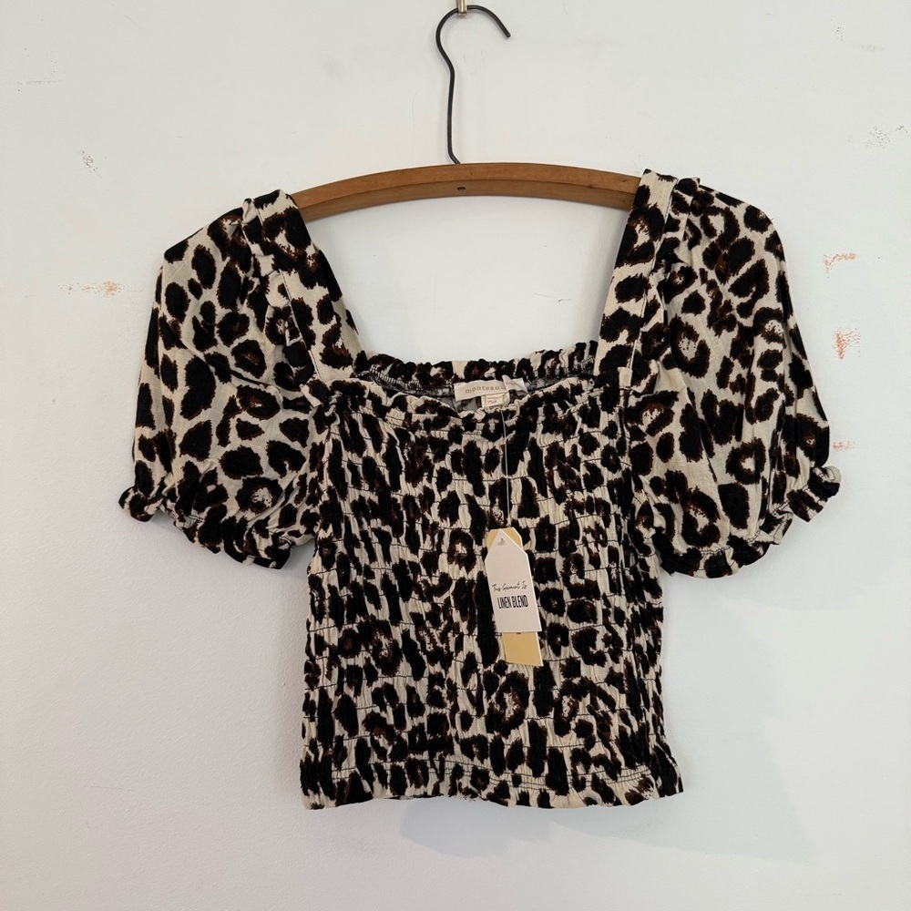 Monteau Puff Sleeve Crop Smocked Top Leopard Print Linen Blend M Beachy Baddie💕